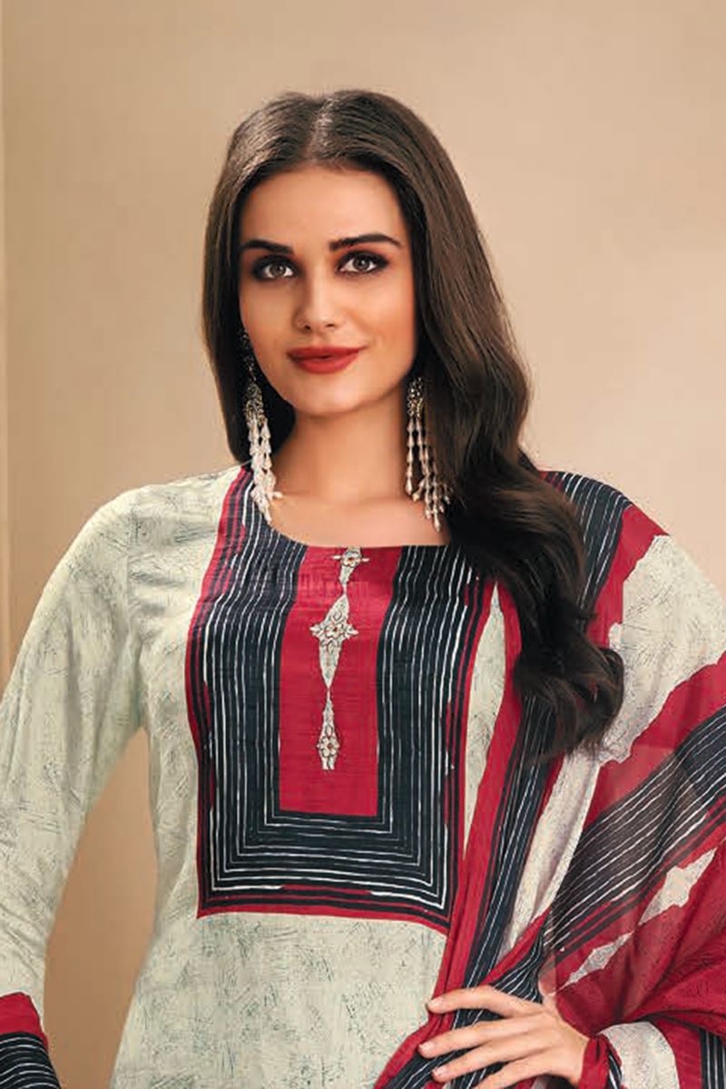 Ethnic Off-White and Red Designer Straight Cut Suit for Festivals, Sangeet, and Parties