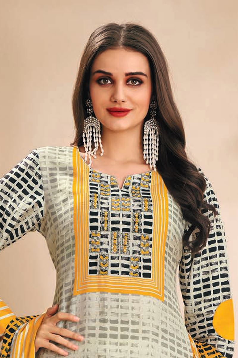 Alluring Off-White and Yellow Designer Straight Cut Suit for Festivals, Sangeet, and Parties