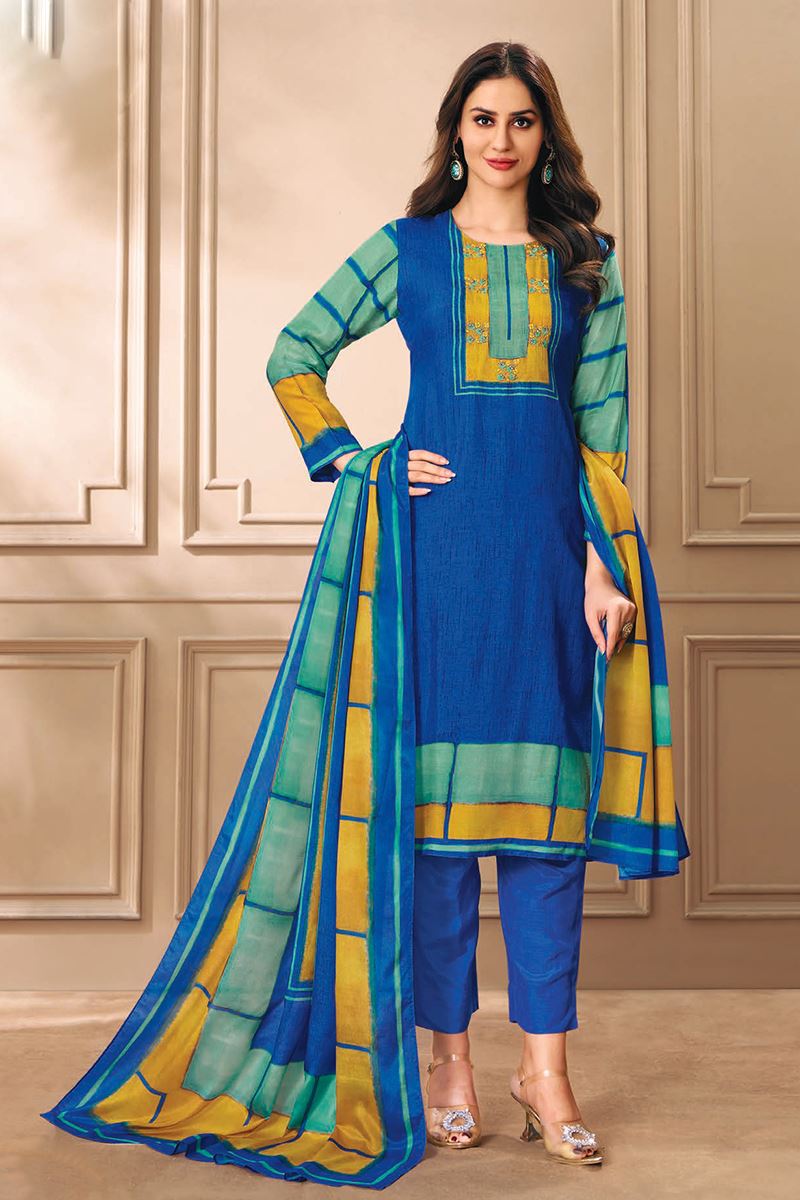 Charismatic Blue and Yellow Designer Straight Cut Suit for Festivals, Sangeet, and Parties