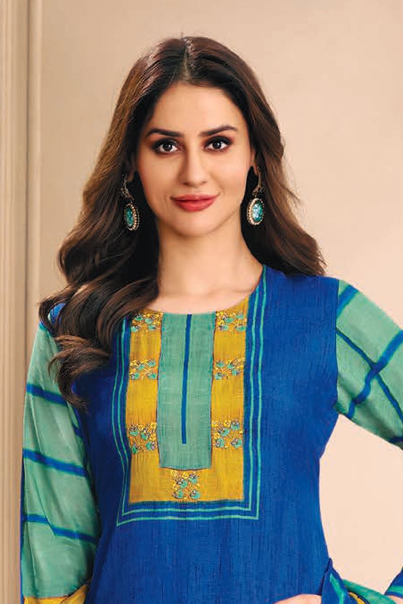 Charismatic Blue and Yellow Designer Straight Cut Suit for Festivals, Sangeet, and Parties