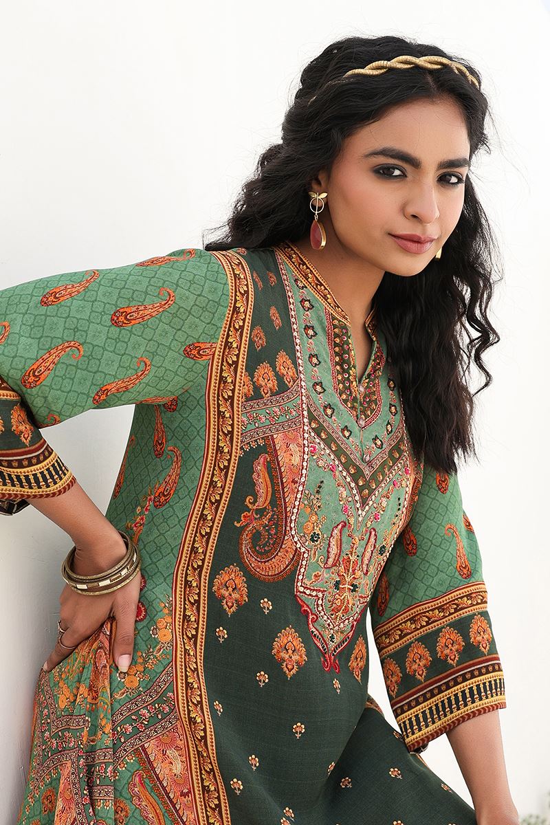 Ethnic Green Designer Kurtis for Mehendi, Hangouts, Sangeet, and Parties