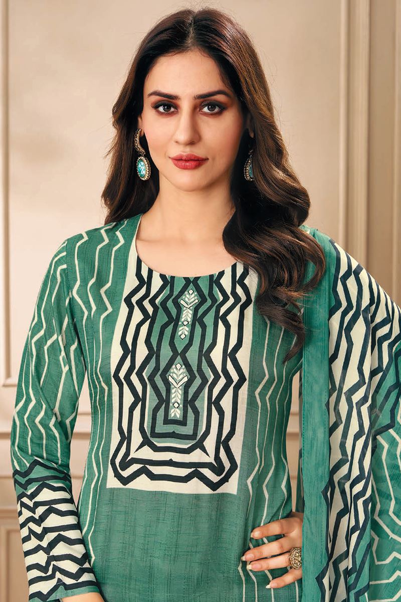 Outstanding Turquoise Green and Off-White Designer Straight Cut Suit for Mehendi, Festivals, Sangeet, and Parties