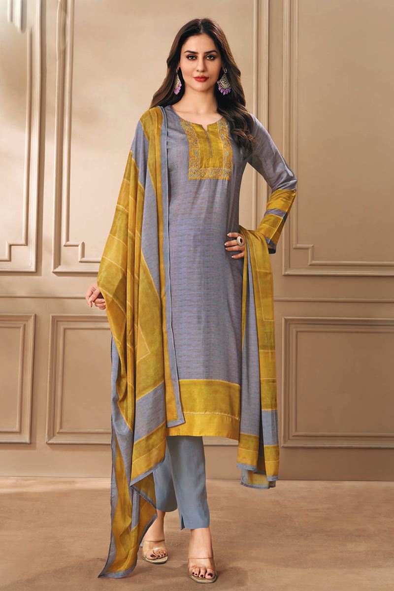 Creative Grey and Yellow Designer Straight Cut Suit for Festivals, Sangeet, and Parties