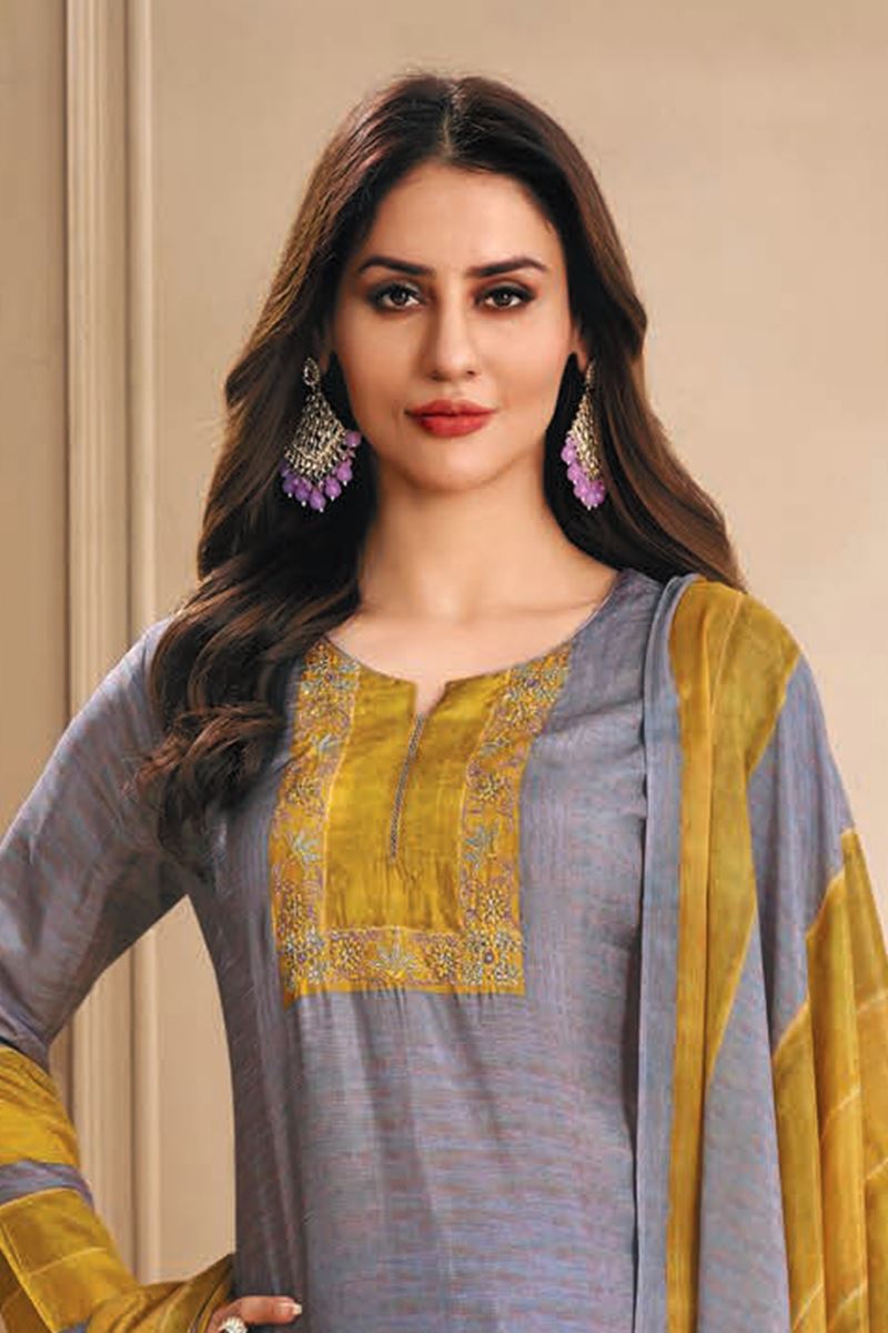 Creative Grey and Yellow Designer Straight Cut Suit for Festivals, Sangeet, and Parties