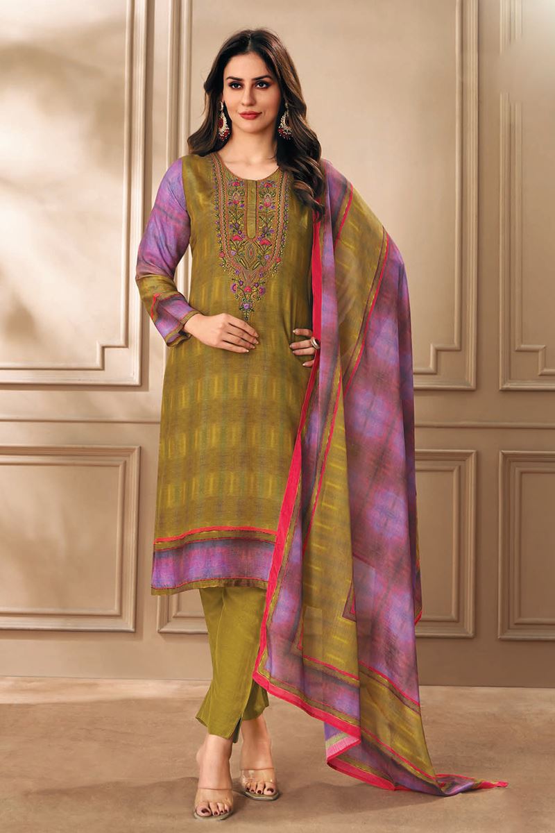 Dazzling Olive Green and Lavender Designer Straight Cut Suit for Festivals, Sangeet, and Parties