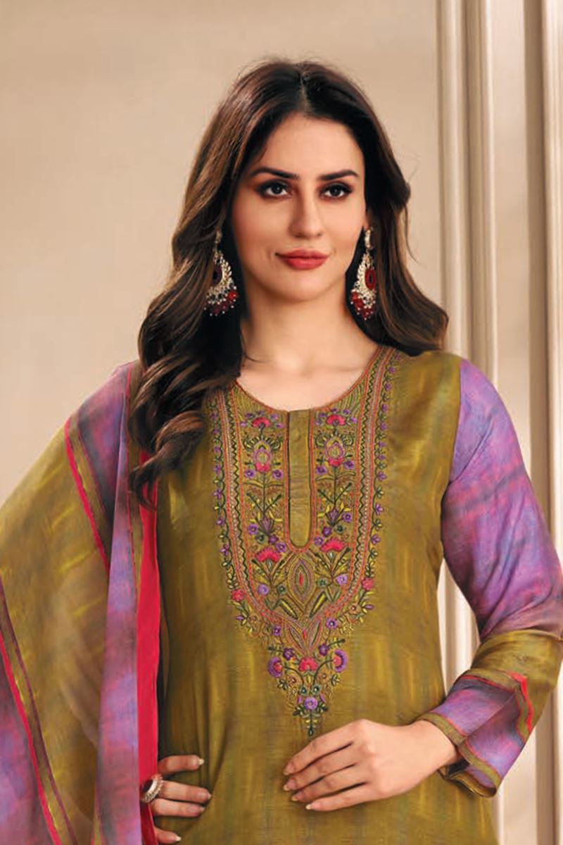 Dazzling Olive Green and Lavender Designer Straight Cut Suit for Festivals, Sangeet, and Parties