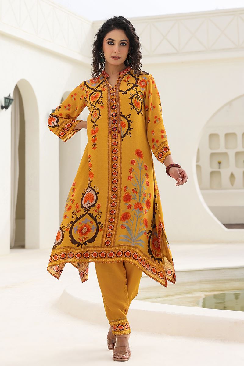 Flamboyant Mustard Designer Kurtis for Haldi, Hangouts, Sangeet, and Parties