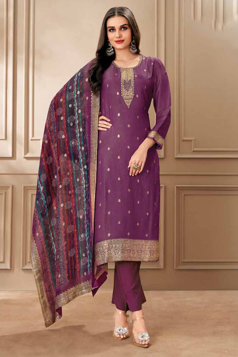 Spectacular Purple Designer Straight Cut Suit for Festivals, Sangeet, and Parties
