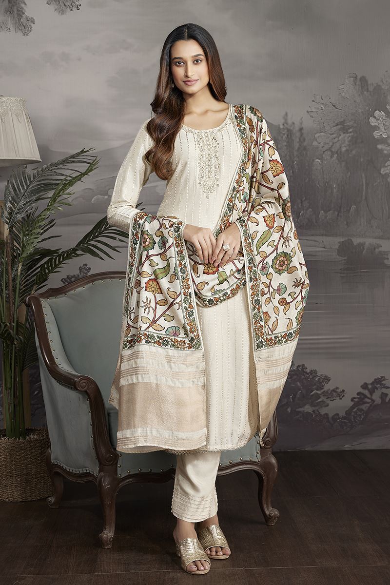 Striking Cream Designer Straight Cut Suit for Festivals, Sangeet, and Parties