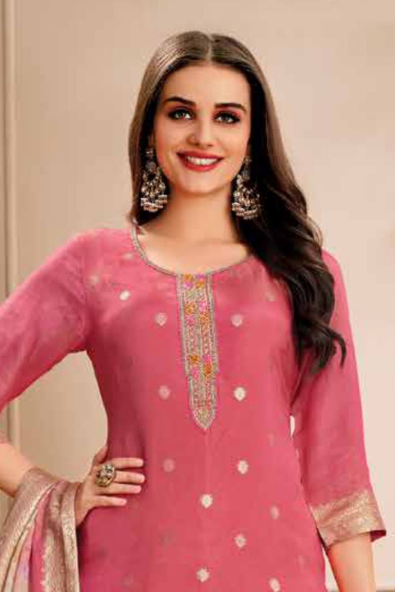 Delightful Peach Designer Straight Cut Suit for Festivals, Sangeet, and Parties