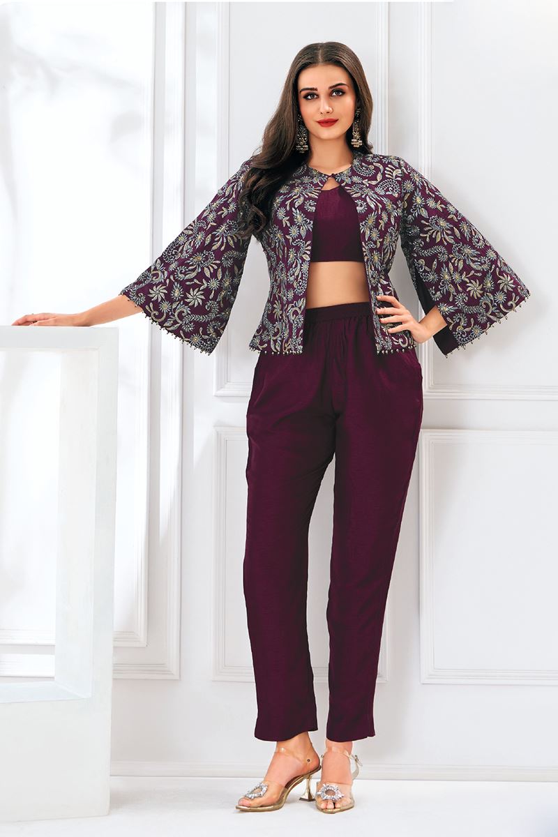 Alluring Wine Designer Co-Ord Set for Festivals, Sangeet, and Parties