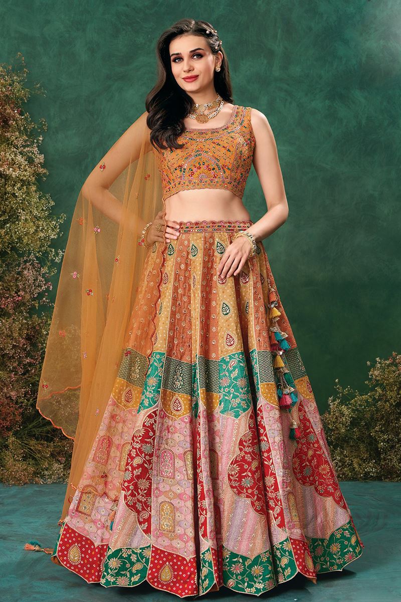 Captivating Multi and Orange Designer Indo-Western Lehenga Choli for Engagement, Wedding, Reception, Sangeet, and Parties