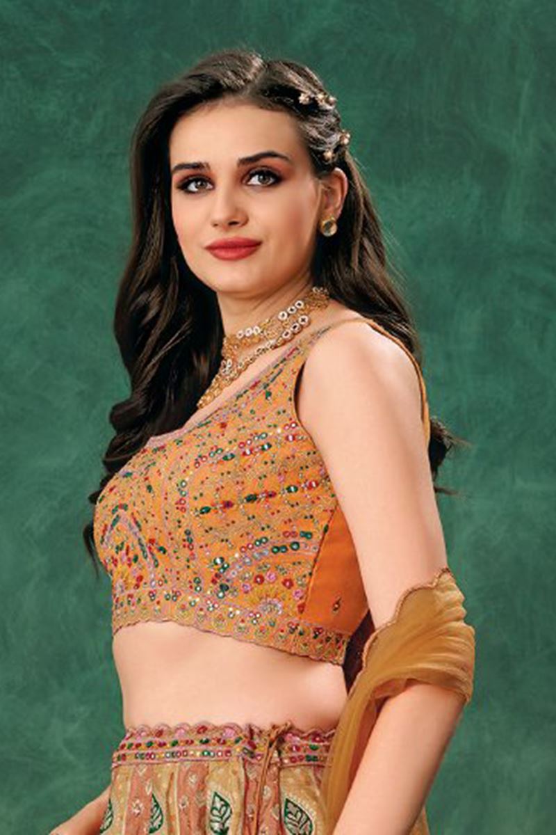 Captivating Multi and Orange Designer Indo-Western Lehenga Choli for Engagement, Wedding, Reception, Sangeet, and Parties