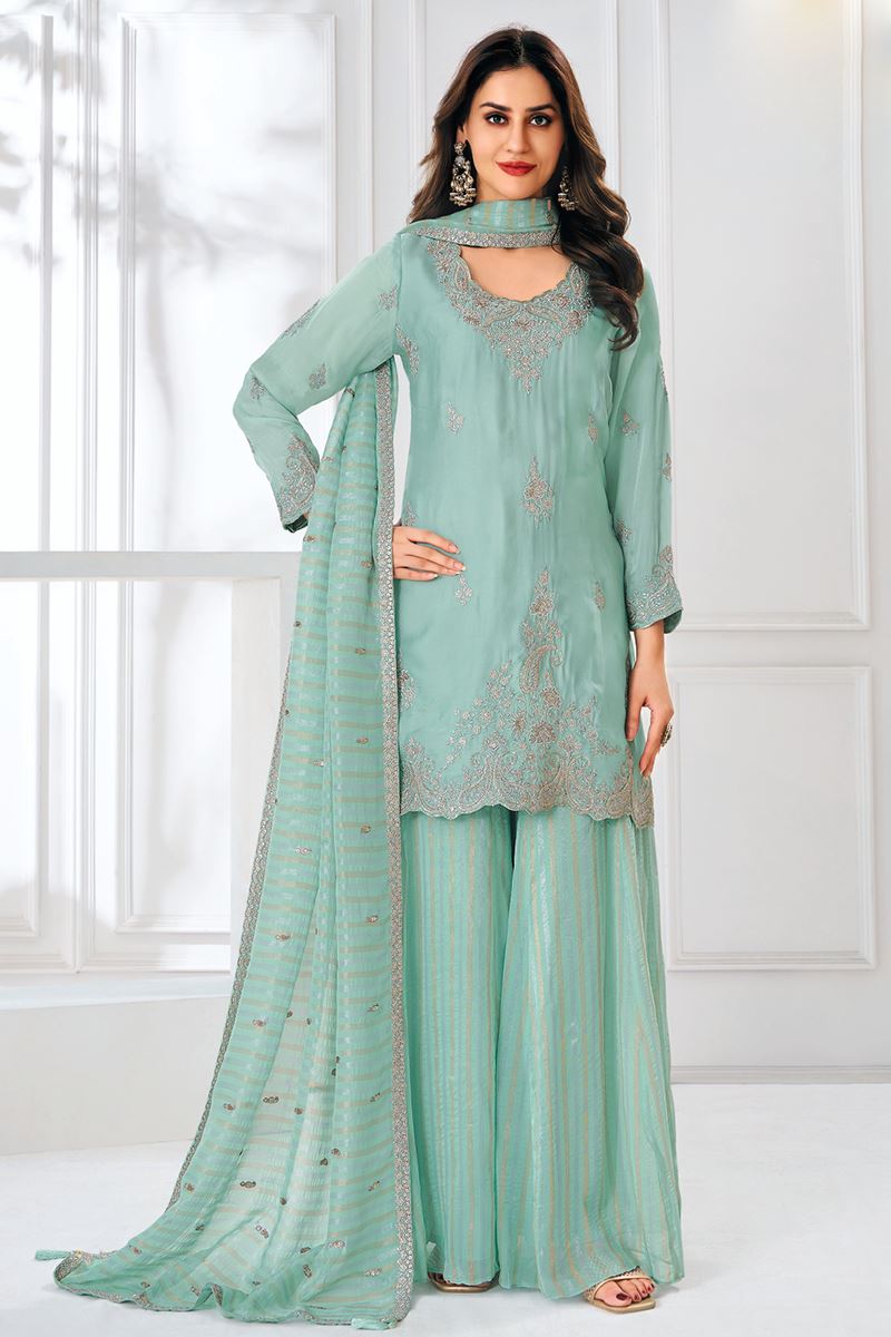 Outstanding Turquoise Blue Designer Sharara Suit for Engagement, Reception, Festivals, Sangeet, and Parties