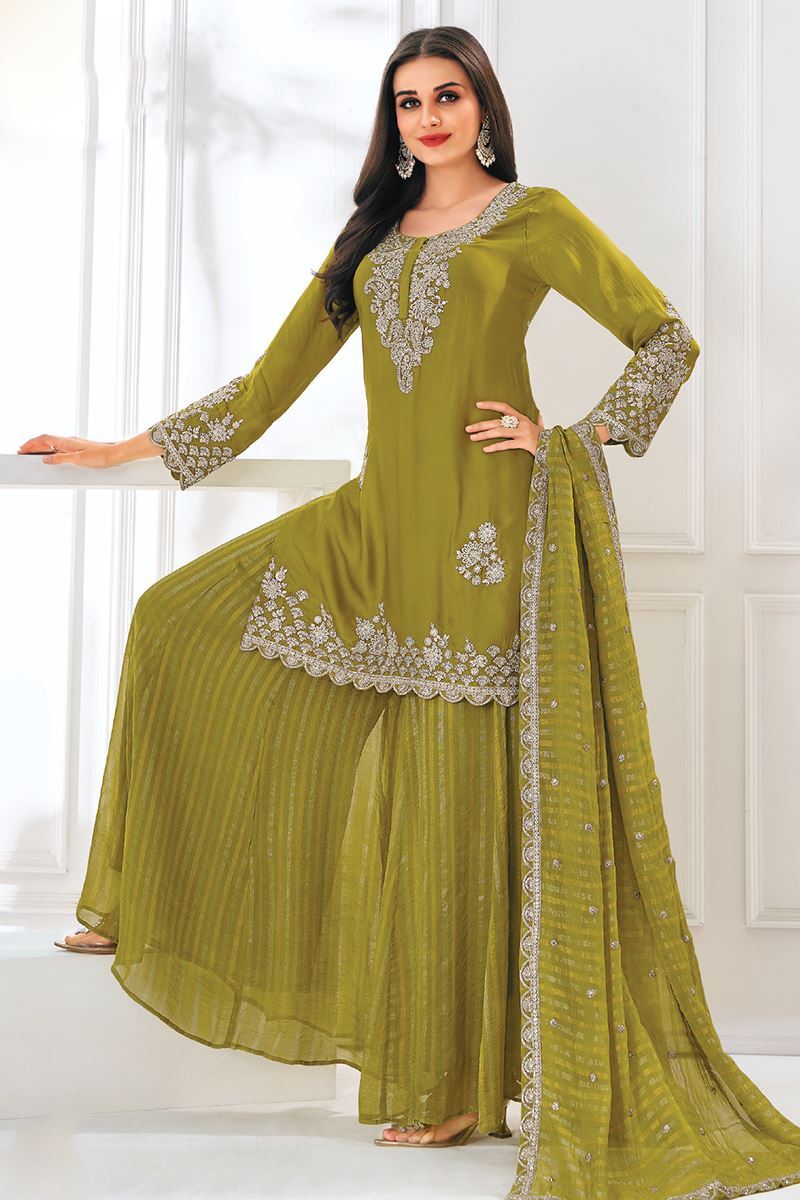 Fascinating Olive Green Designer Sharara Suit for Mehendi, Engagement, Reception, Festivals, Sangeet, and Parties