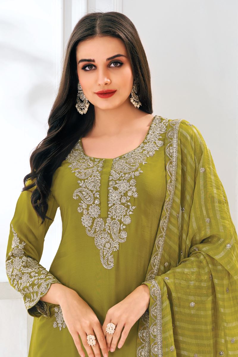 Fascinating Olive Green Designer Sharara Suit for Mehendi, Engagement, Reception, Festivals, Sangeet, and Parties