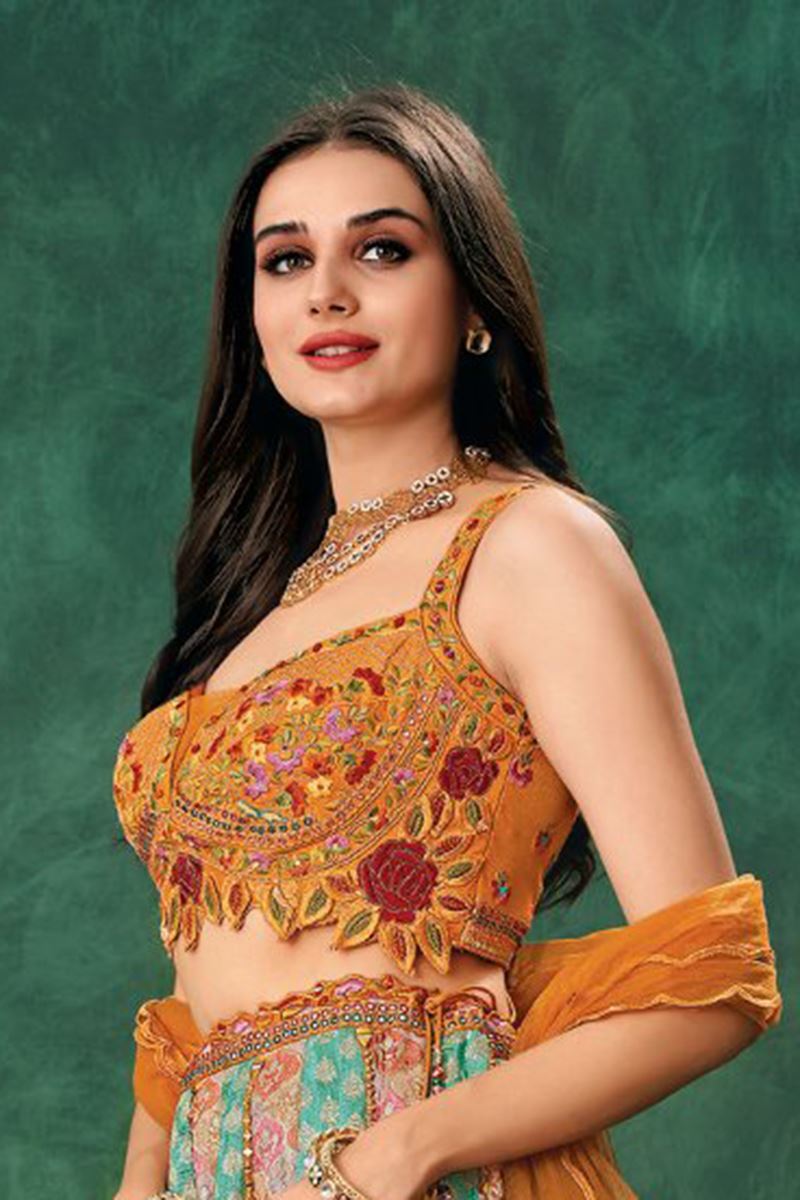 Charismatic Multi and Mustard Designer Indo-Western Lehenga Choli for Wedding, Reception, Sangeet, and Parties