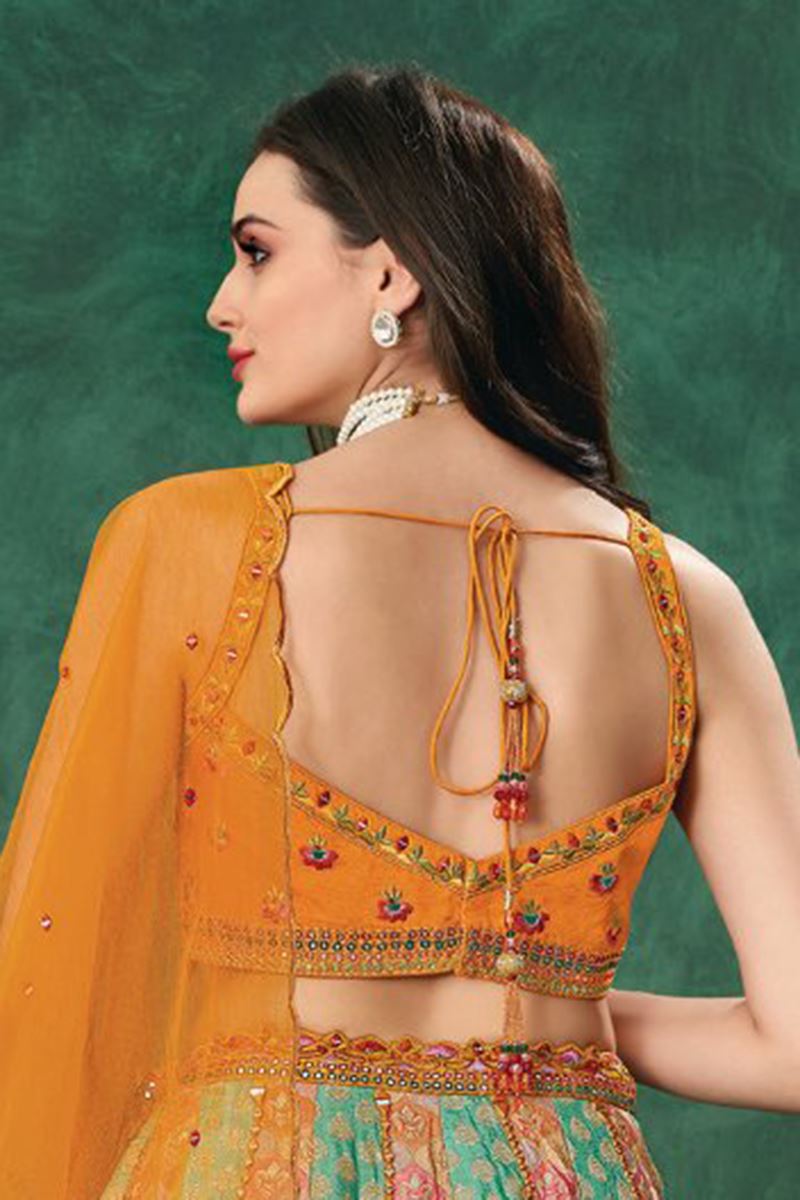 Charismatic Multi and Mustard Designer Indo-Western Lehenga Choli for Wedding, Reception, Sangeet, and Parties