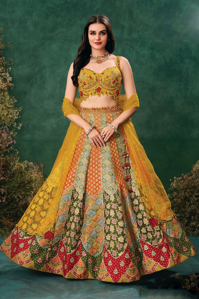 Smashing Multi and Mustard Designer Indo-Western Lehenga Choli for Haldi, Wedding, Reception, Sangeet, and Parties