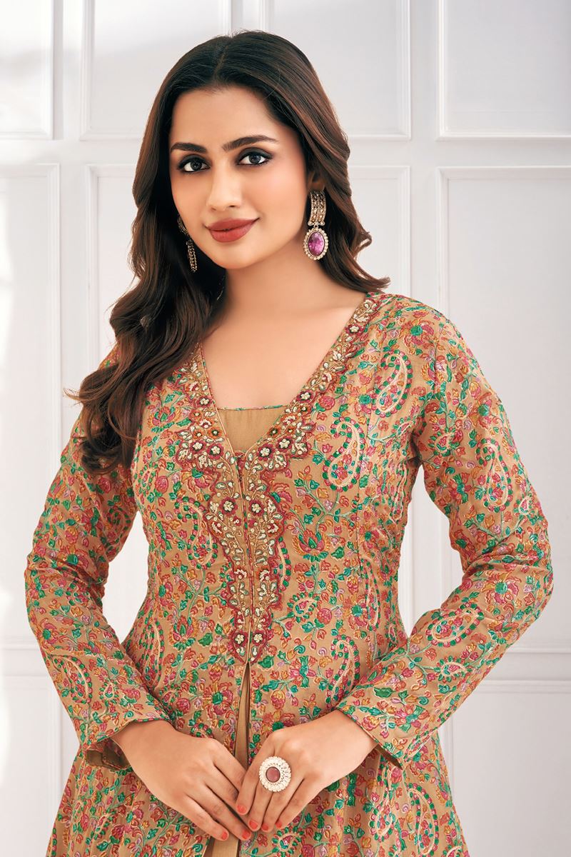 Striking Beige Cotton Blend Designer Anarkali Suit for Engagement, Reception, Festivals, Sangeet, and Parties