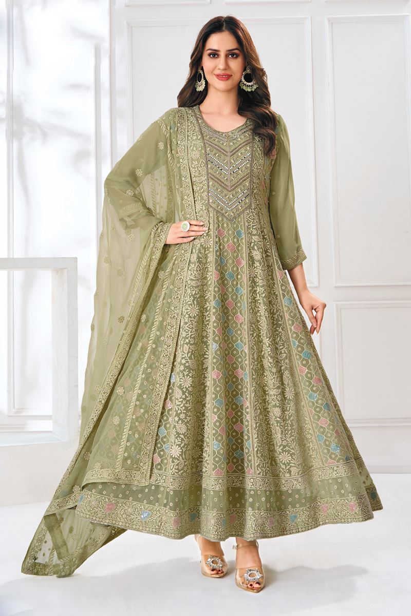 Flawless Pista Green Chanderi Silk Designer Anarkali Suit for Engagement, Reception, Festivals, Sangeet, and Parties