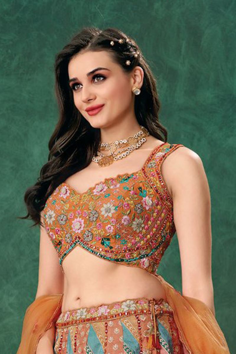 Flamboyant Multi and Rust Designer Indo-Western Lehenga Choli for Engagement, Wedding, Reception, Sangeet, and Parties