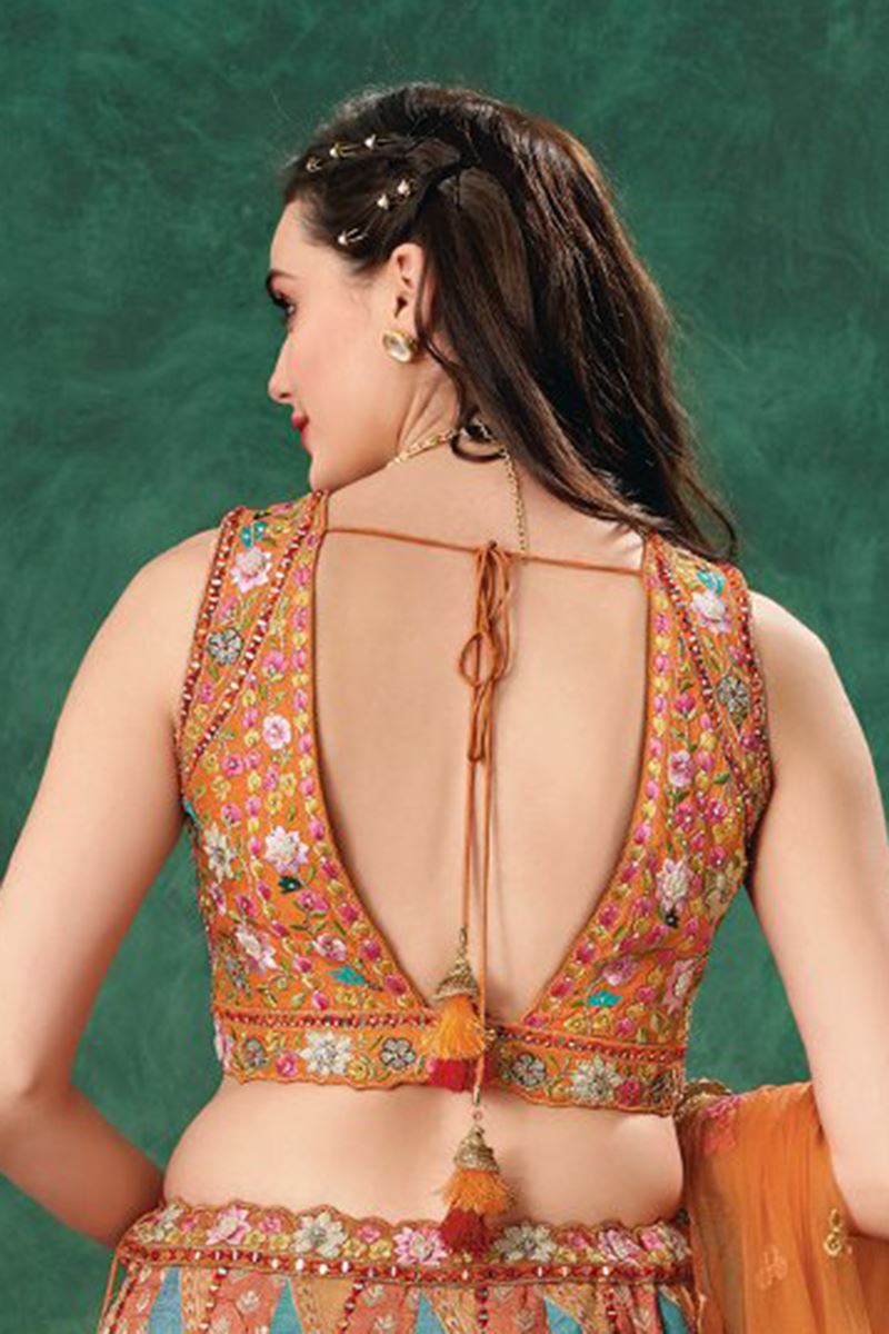 Flamboyant Multi and Rust Designer Indo-Western Lehenga Choli for Engagement, Wedding, Reception, Sangeet, and Parties
