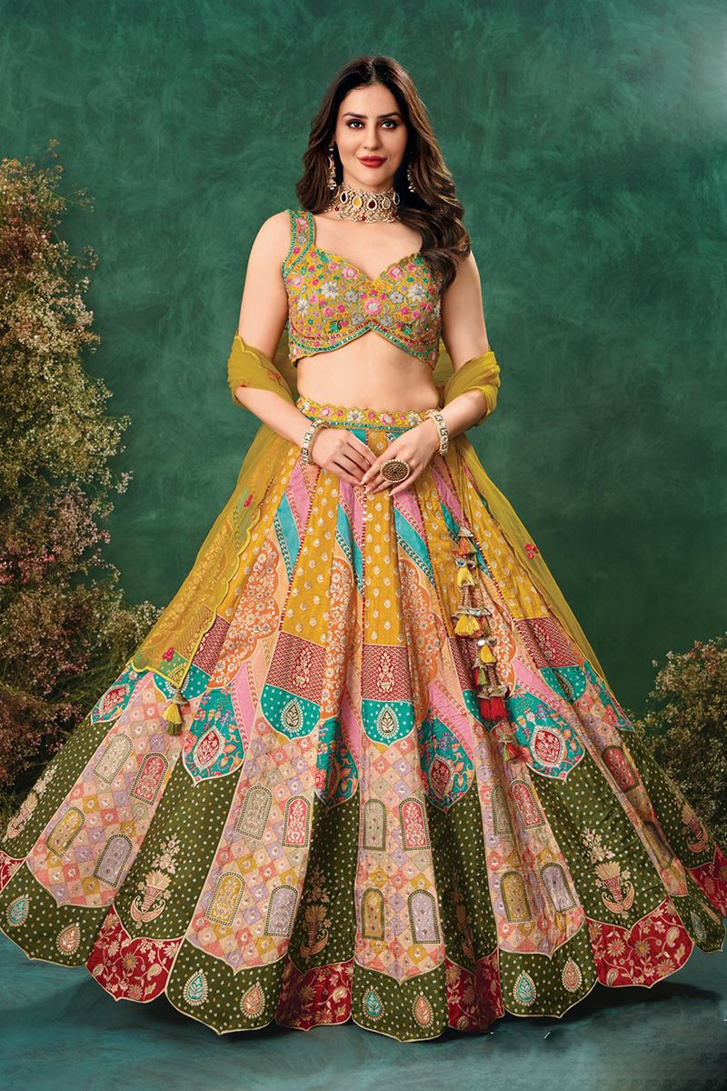 Pretty Multi and Mustard Designer Indo-Western Lehenga Choli for Haldi, Engagement, Wedding, Reception, Sangeet, and Parties