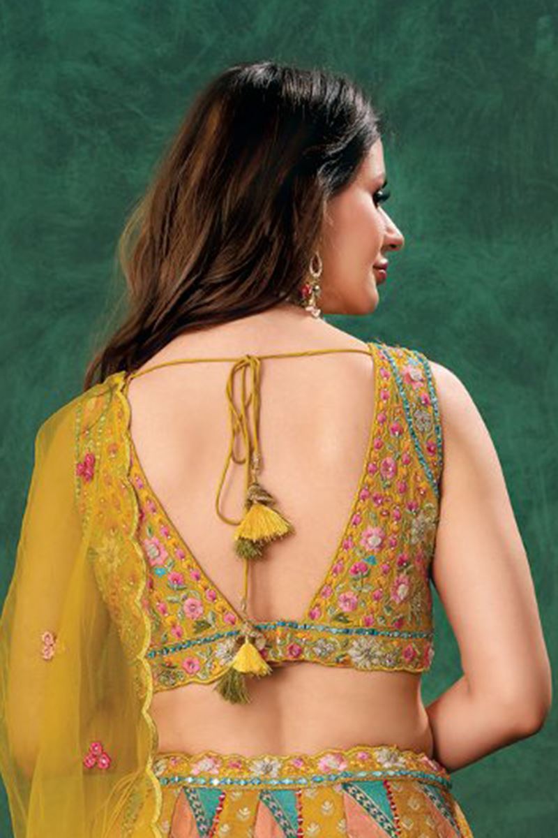 Pretty Multi and Mustard Designer Indo-Western Lehenga Choli for Haldi, Engagement, Wedding, Reception, Sangeet, and Parties