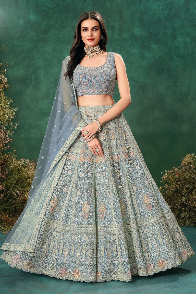 Enticing Sky Blue Designer Indo-Western Lehenga Choli for Engagement, Reception, Sangeet, and Parties