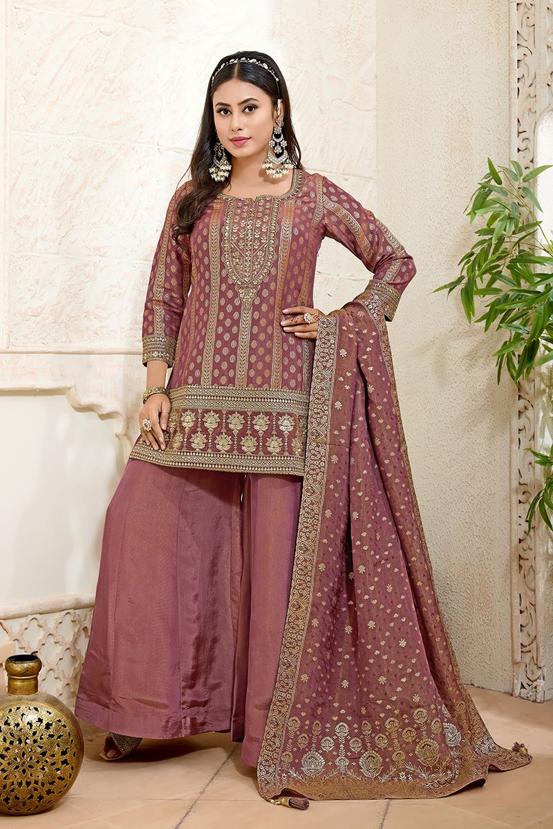 Ethnic Mauve Designer Palazzo Suit for Engagement, Wedding, Reception, Festivals, Sangeet, and Parties