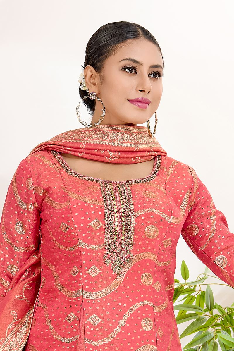 Alluring Peach Designer A-Line Suit for Engagement, Wedding, Reception, Festivals, Sangeet, and Parties