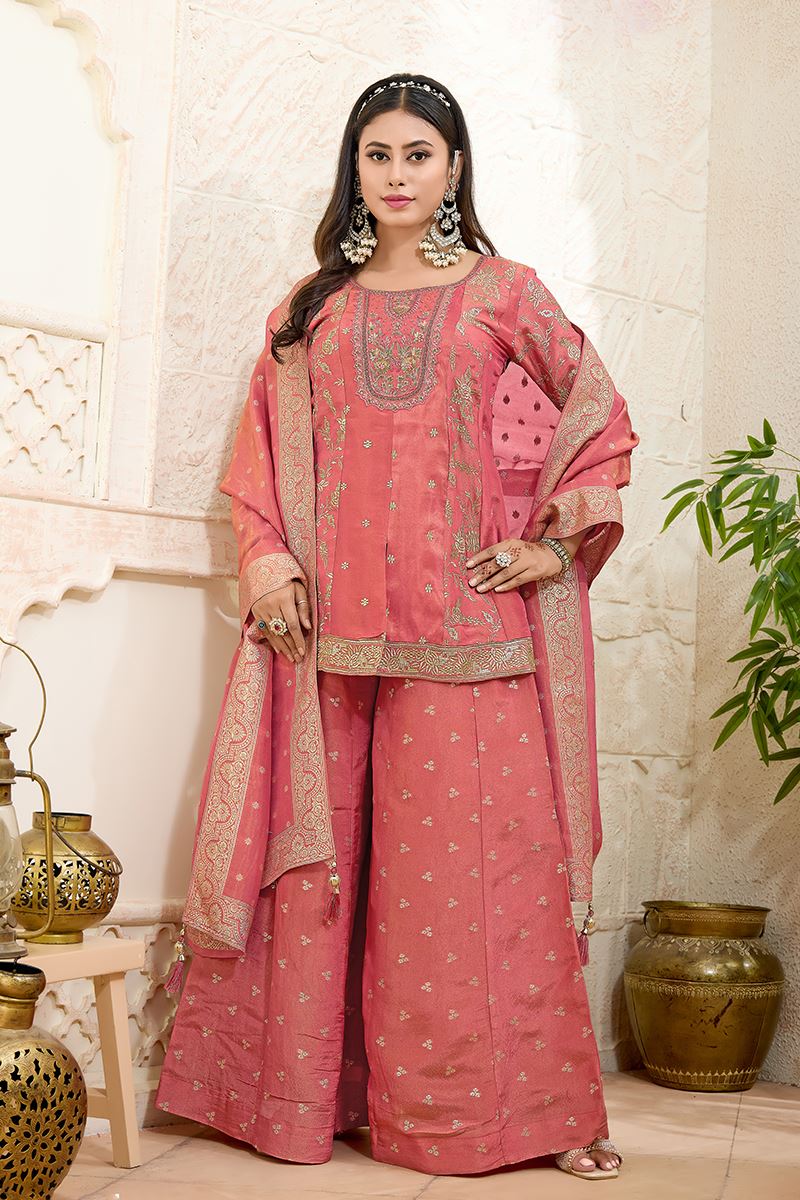 Charismatic Peach Designer Palazzo Suit for Engagement, Wedding, Reception, Festivals, Sangeet, and Parties