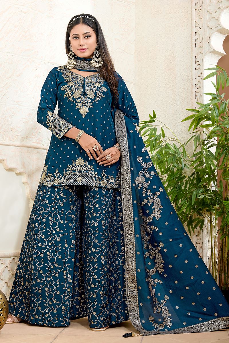 Spectacular Navy Blue Designer Palazzo Suit for Wedding, Reception, Festivals, Sangeet, and Parties