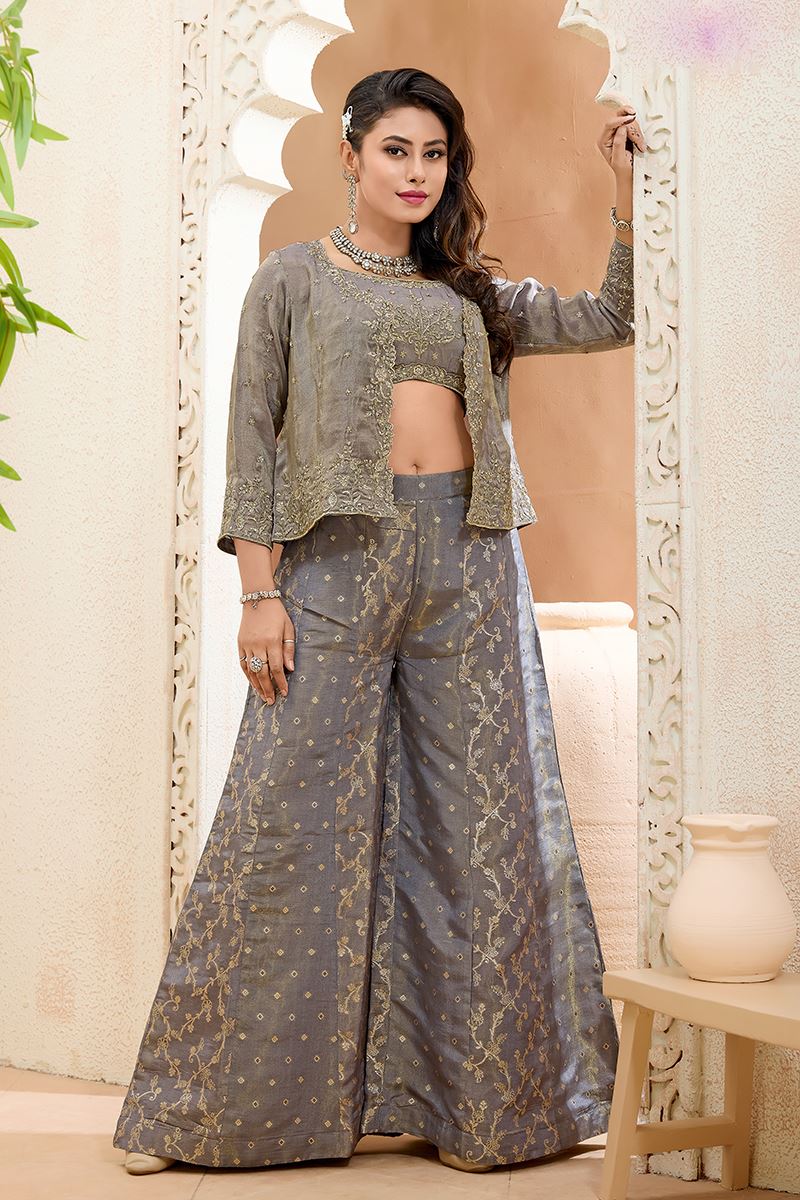 Creative Grey Designer Palazzo Suit for Engagement, Reception, Festivals, Sangeet, and Parties