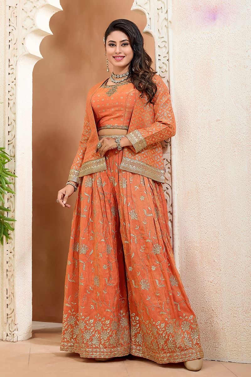 Dazzling Orange Designer Palazzo Suit for Engagement, Reception, Festivals, Sangeet, and Parties