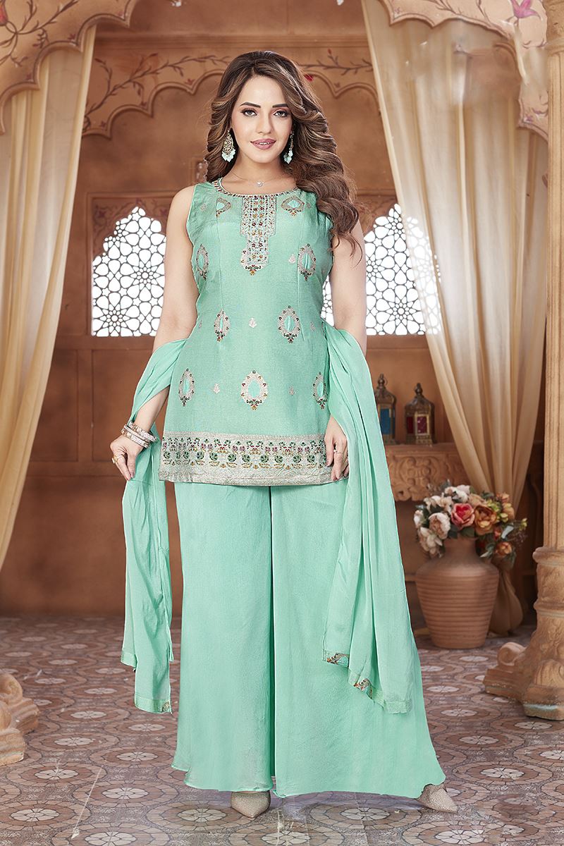 Glorious Aqua Blue Designer Palazzo Suit for Festivals, Sangeet, and Parties