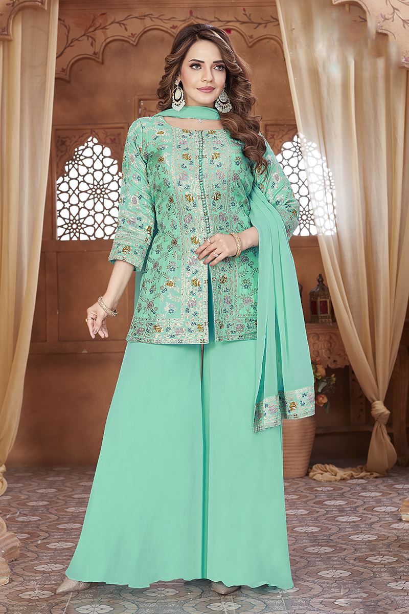 Flawless Sea Green Designer Palazzo Suit for Mehendi, Sangeet, and Parties
