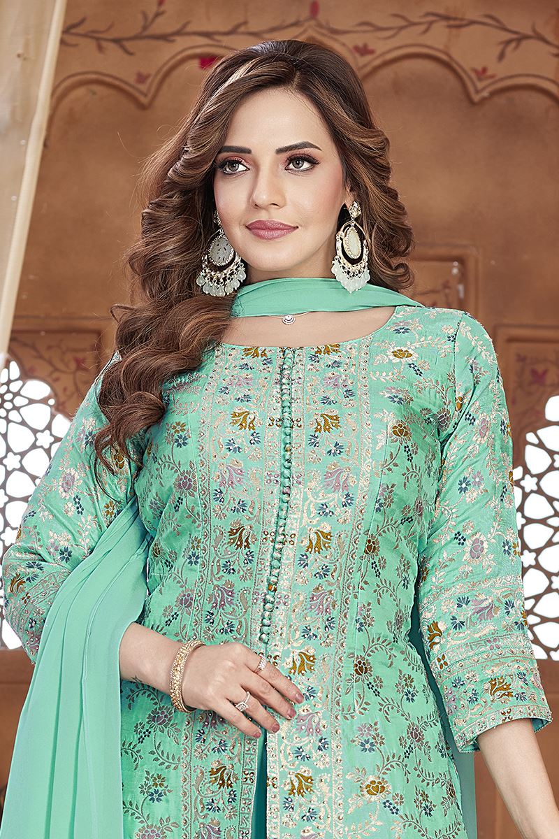Flawless Sea Green Designer Palazzo Suit for Mehendi, Sangeet, and Parties