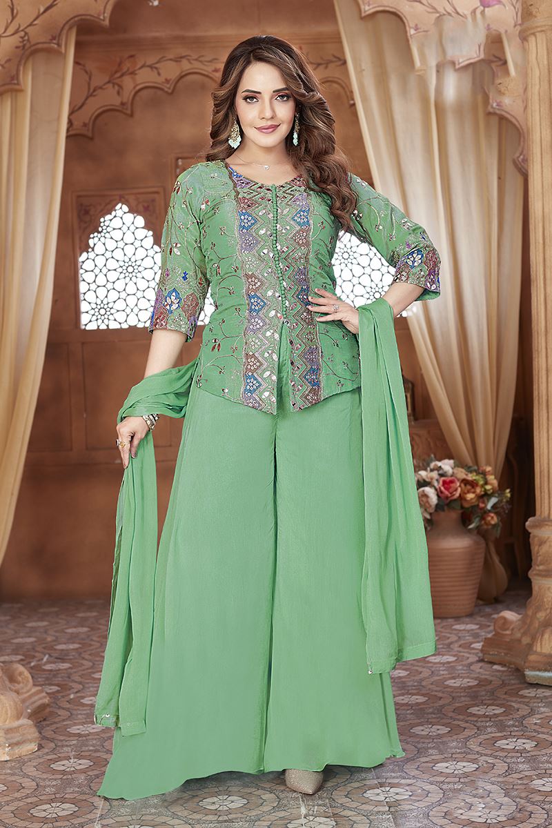 Exuberant Light Green Designer Palazzo Suit for Mehendi, Sangeet, and Parties