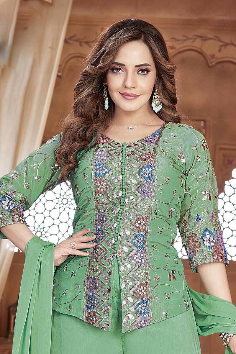 Exuberant Light Green Designer Palazzo Suit for Mehendi, Sangeet, and Parties