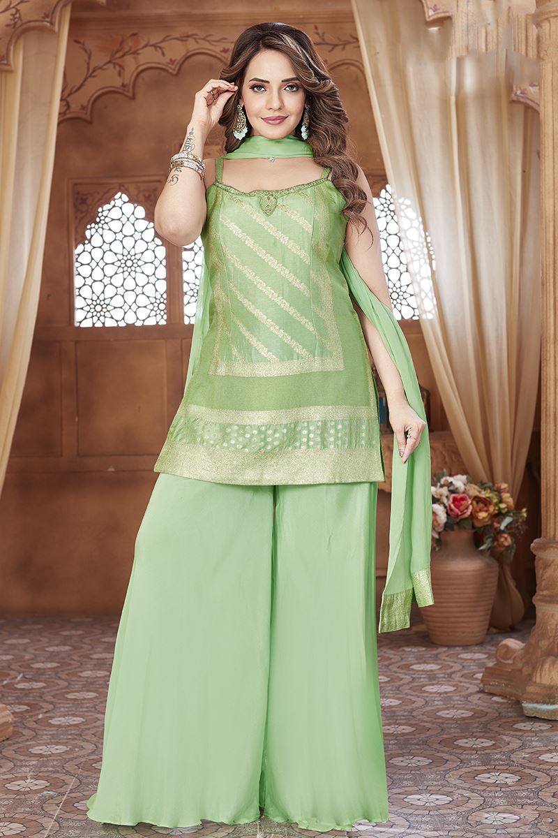 Lovely Pista Green Designer Palazzo Suit for Engagement, Sangeet, and Parties