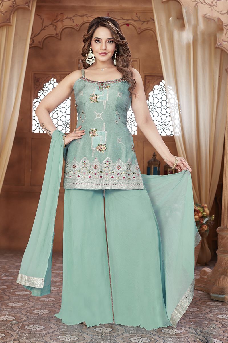 Irresistible Turquoise Blue Designer Palazzo Suit for Engagement, Sangeet, and Parties
