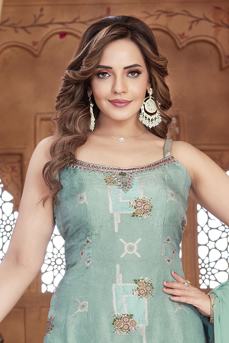 Irresistible Turquoise Blue Designer Palazzo Suit for Engagement, Sangeet, and Parties