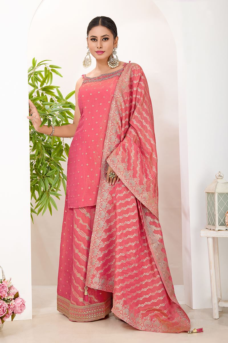 Classy Pink Designer Palazzo Suit for Engagement, Wedding, Reception, Festivals, Sangeet, and Parties