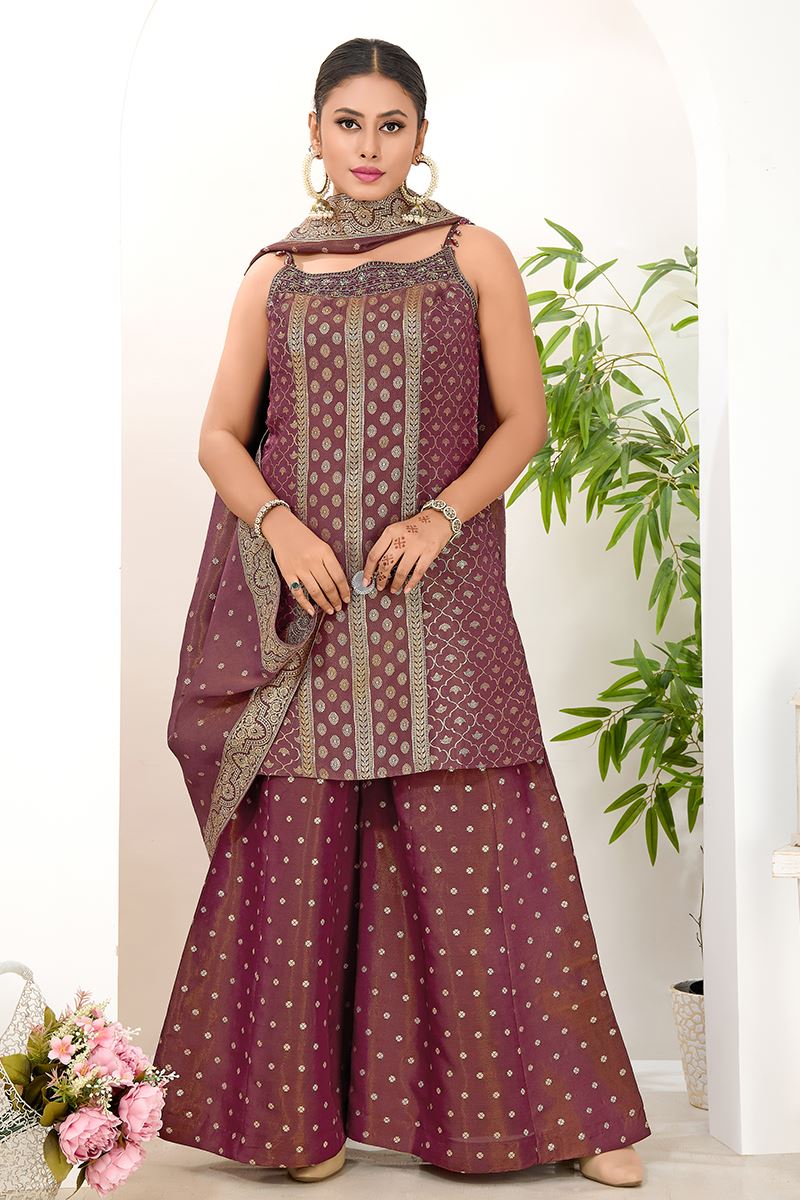 Pretty Maroon Designer Palazzo Suit for Wedding, Reception, Festivals, Sangeet, and Parties