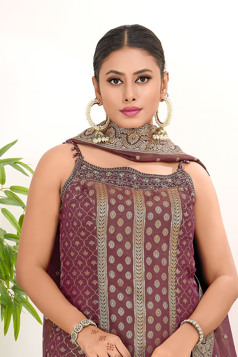 Pretty Maroon Designer Palazzo Suit for Wedding, Reception, Festivals, Sangeet, and Parties