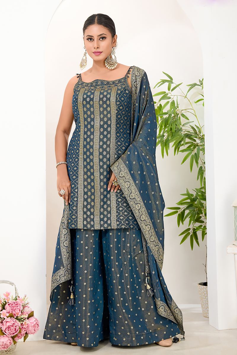 Surreal Teal Blue Designer Palazzo Suit for Wedding, Reception, Festivals, Sangeet, and Parties