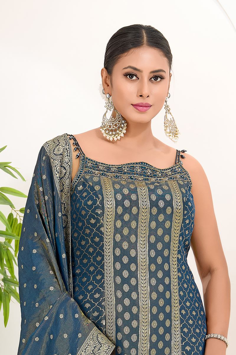 Surreal Teal Blue Designer Palazzo Suit for Wedding, Reception, Festivals, Sangeet, and Parties