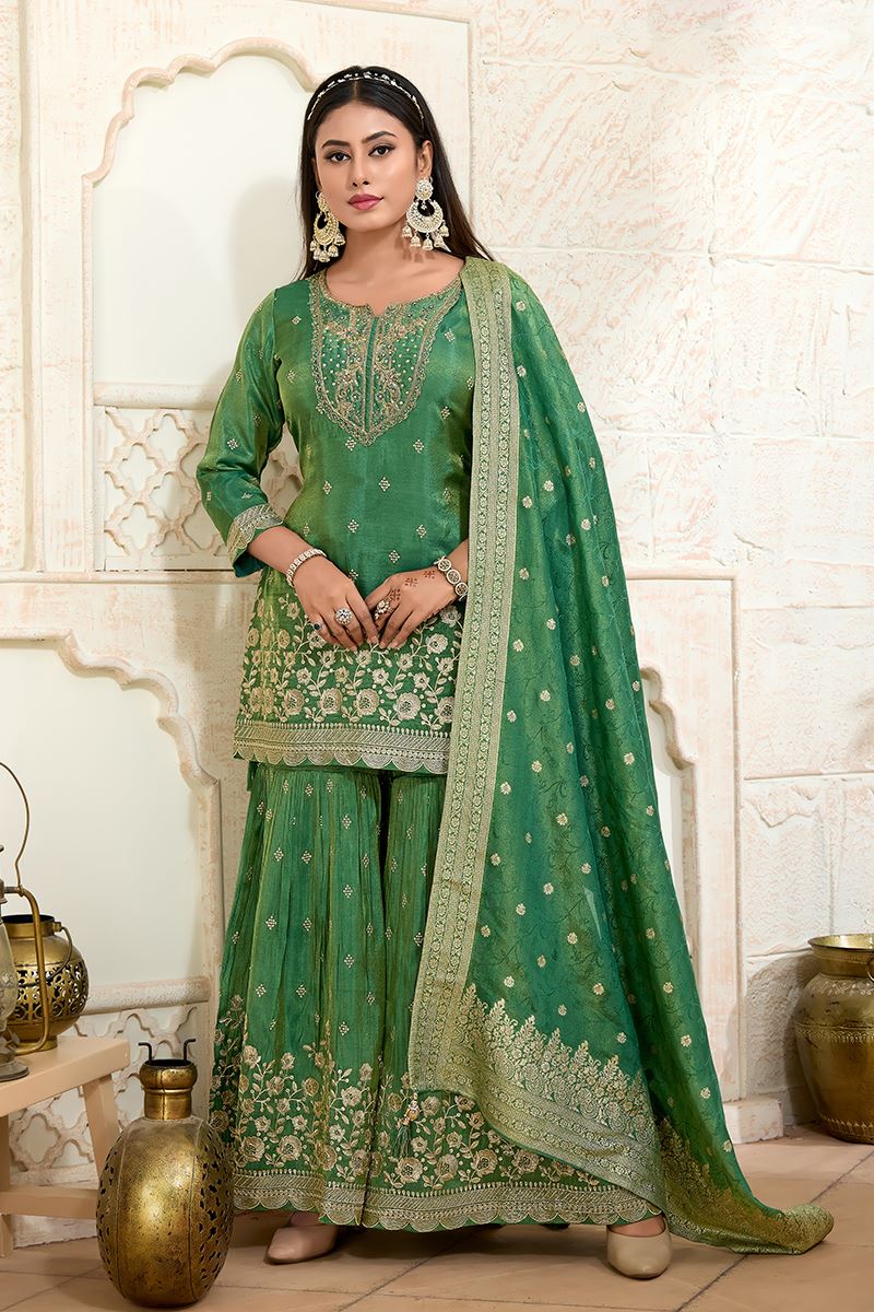 Aesthetic Green Designer Gharara Suit for Mehendi, Engagement, Wedding, Reception, Festivals, Sangeet, and Parties